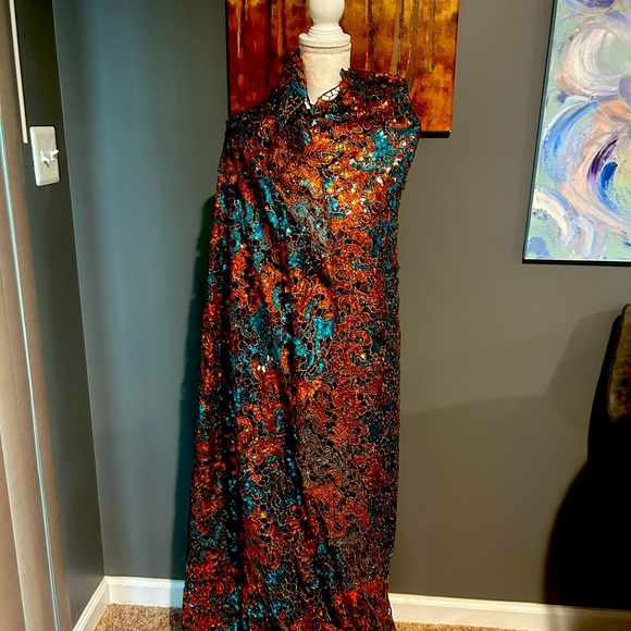 5 Yards Blue & Orange African Cord Guipure Lace Crystals Fabric - Picture 9 of 9